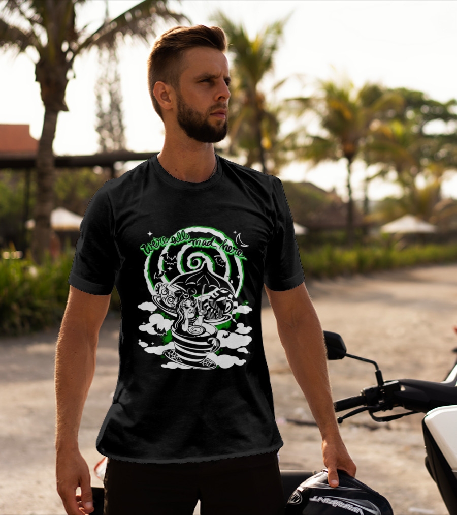We Are All Mad Here Gothic Wonderland Tea Party Alice Moon Spiral T-Shirt