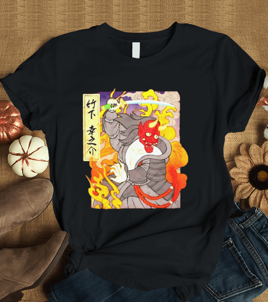 Konosuke Takeshita Demon Samurai AEW Collaboration With Japanese Inspired Flames And Sword T-Shirt