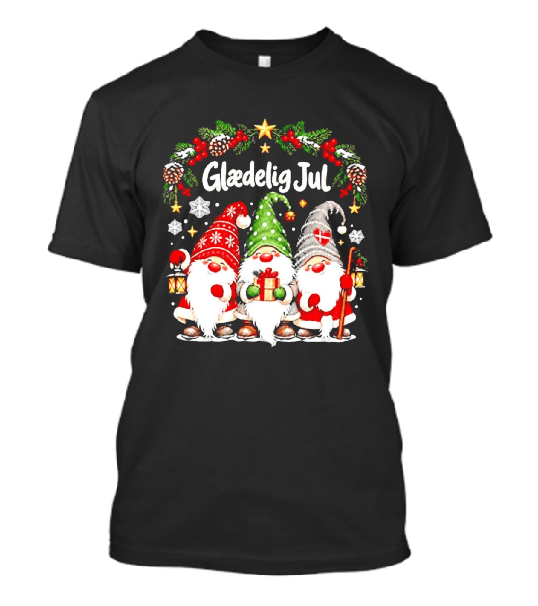 Glaedelig Jul Christmas Gnomes With Denmark Flag And Lanterns T-Shirt