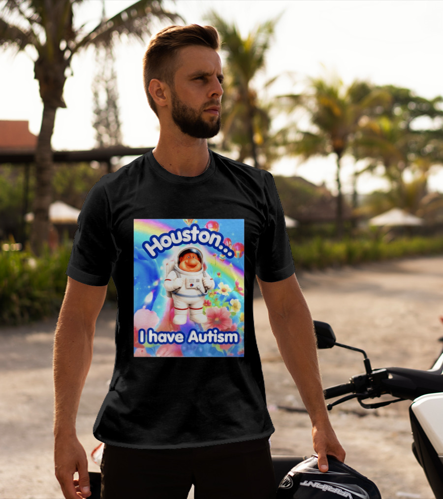 Houston I Have Autism Rainbow Astronaut Balloons And Flowers T-Shirt
