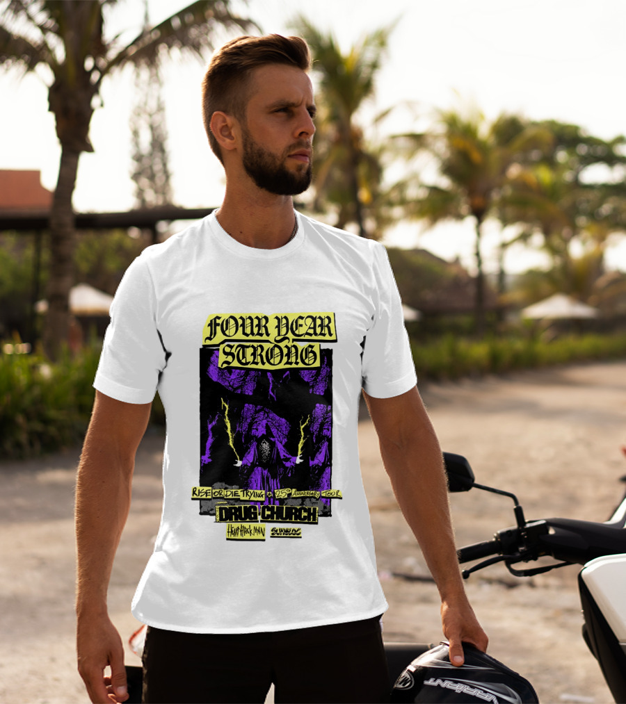 Four Year Strong Rise Or Die Trying 25th Anniversary Tour Drug Church Heart Attack Man Save Face Purple Cloaked Figure T-Shirt