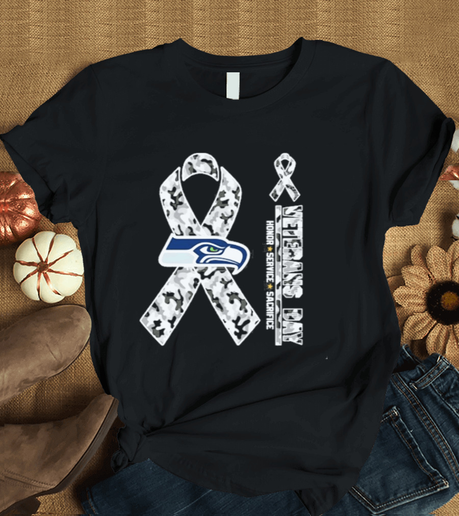 Seattle Seahawks Veterans Day 2026 Honor Service Sacrifice Ribbon Camo T-Shirt