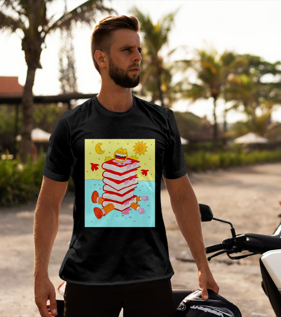 Smiling Face Moon Sun Birds Stack Of Books Reading T-Shirt