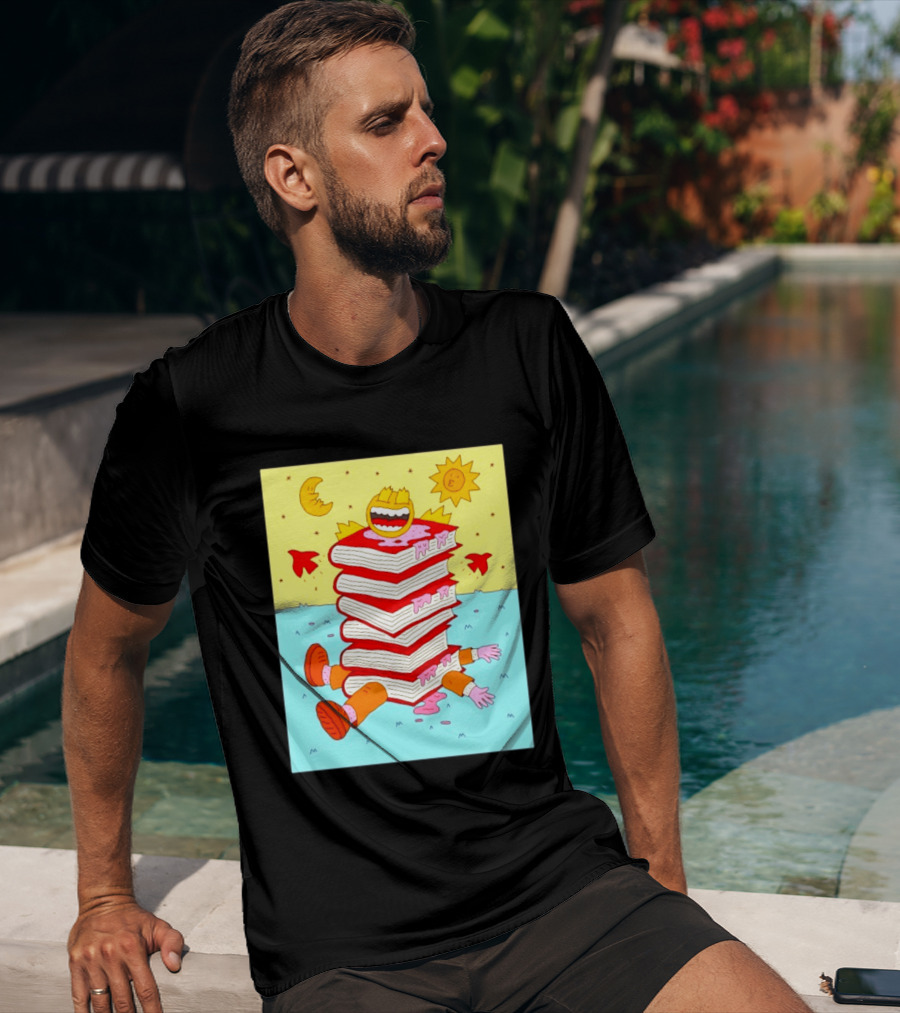 Smiling Face Moon Sun Birds Stack Of Books Reading T-Shirt