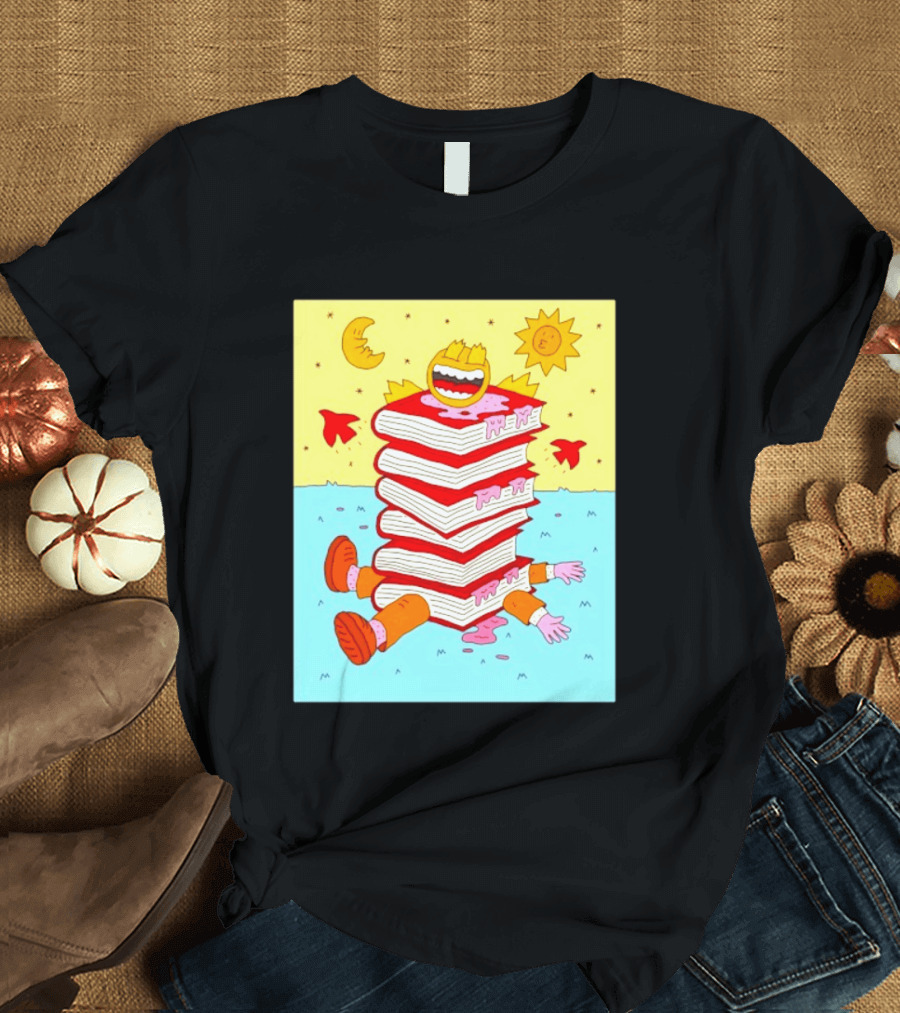 Smiling Face Moon Sun Birds Stack Of Books Reading T-Shirt