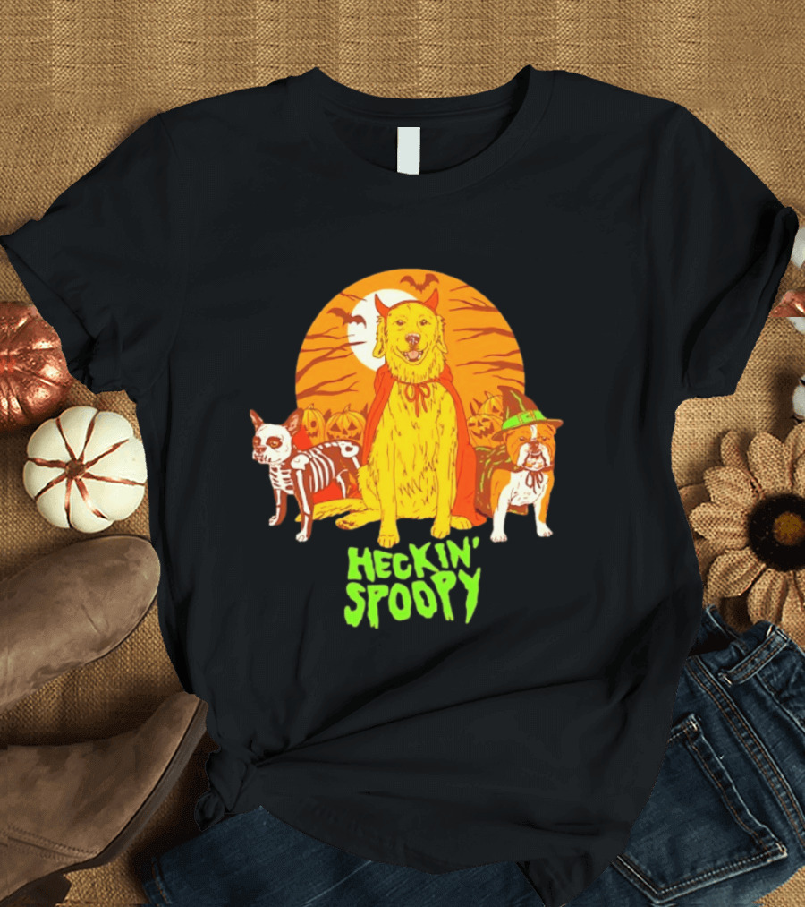 Heckin' Spoopy Dogs Halloween Golden Retriever Skeleton Costume Pumpkin Moon T-Shirt