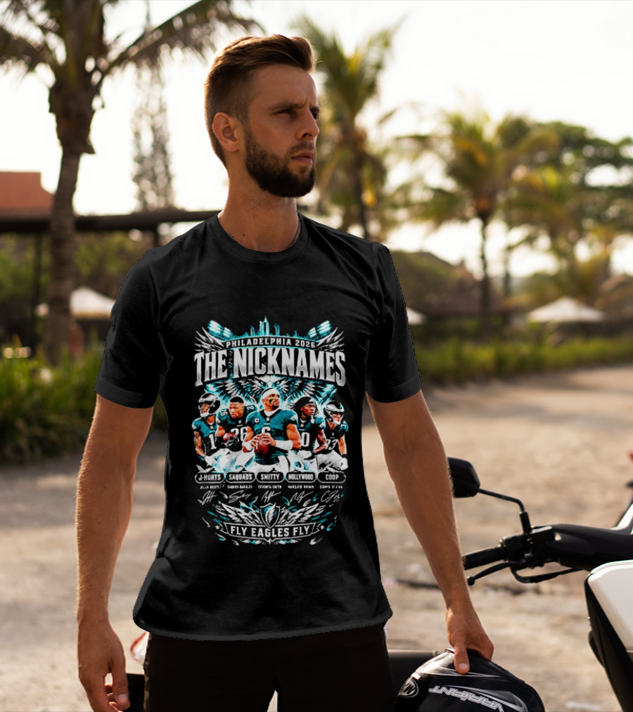 Philadelphia Eagles The Nicknames 2026 Fly Eagles Fly Roster Signatures Hurts Brown Smith Reddick Cox T-Shirt