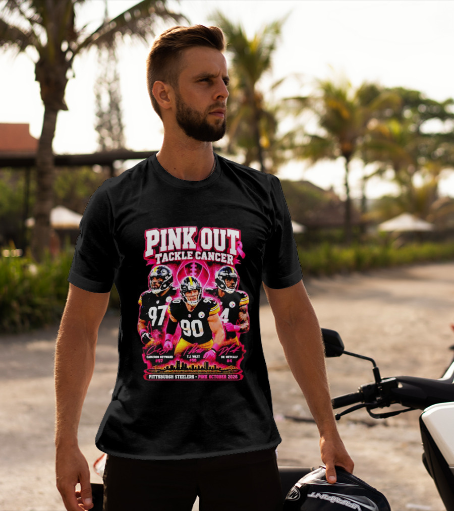 Pittsburgh Steelers Pink Out Tackle Cancer October 2026 Player Signatures Heyward Watt Fitzpatrick T-Shirt