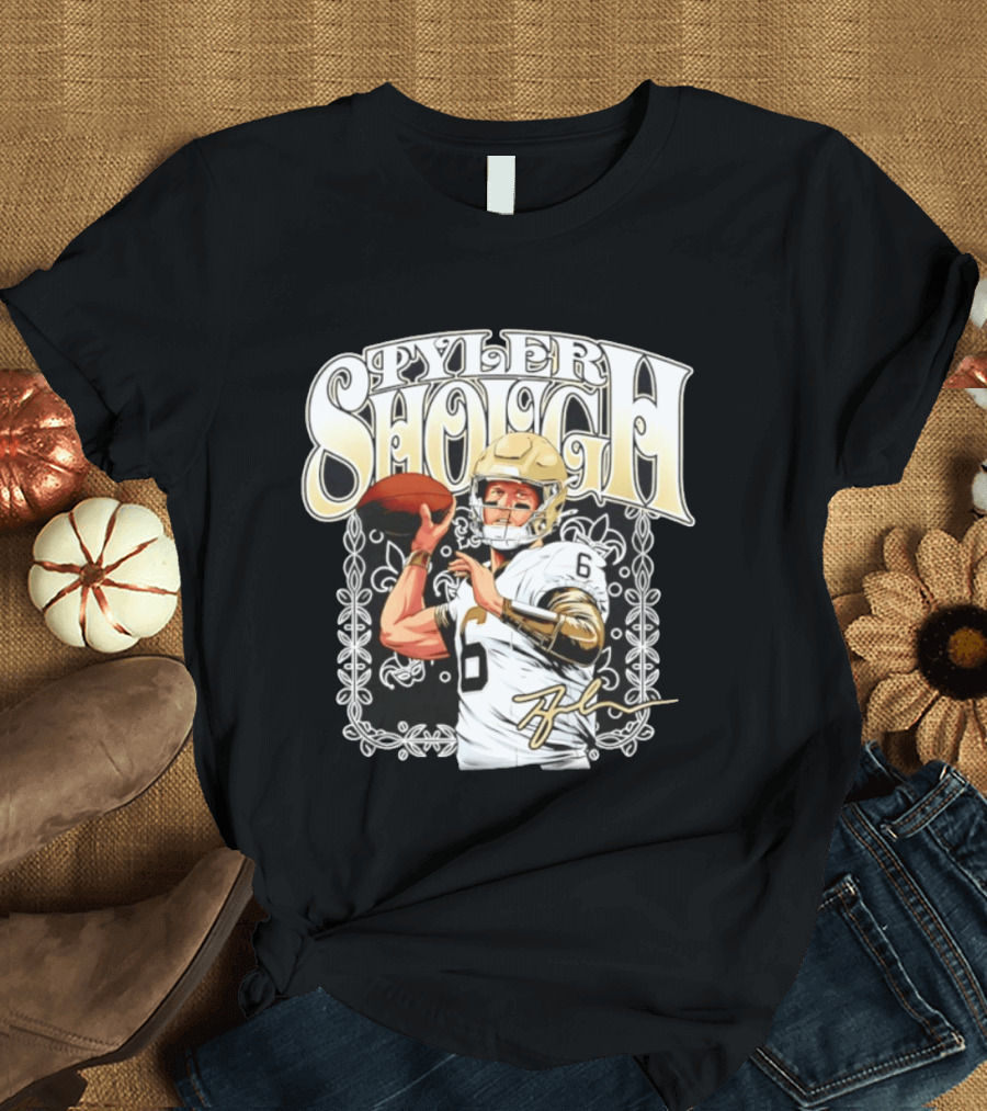 Tyler Shough New Orleans Saints Groovy Football Art With Player Signature T-Shirt