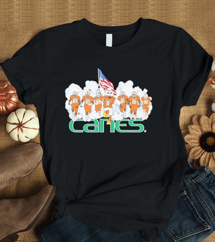 Miami Hurricanes Canes Running Through Smoke With American Flag Players 83 87 89 91 01 02 T-Shirt