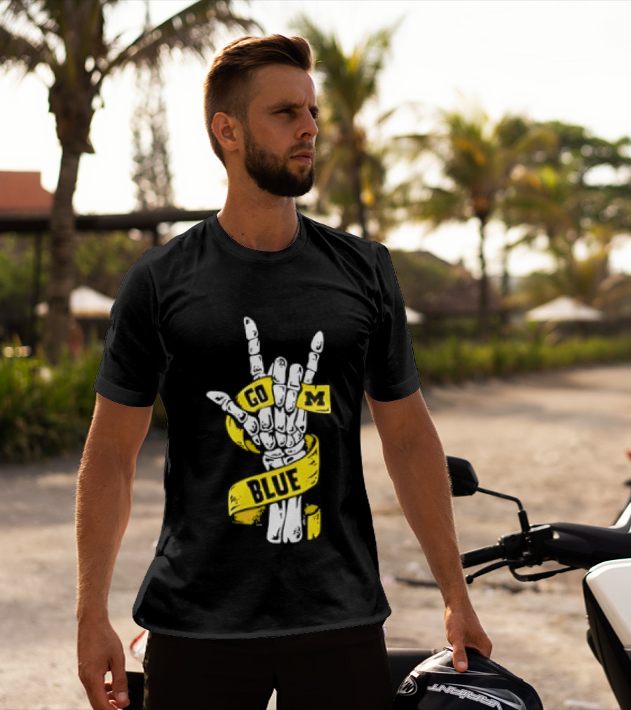 Michigan Wolverines Go Blue Skeleton Hand ILY Gesture T-Shirt