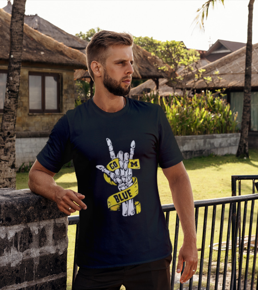 Michigan Wolverines Go Blue Skeleton Hand ILY Gesture T-Shirt