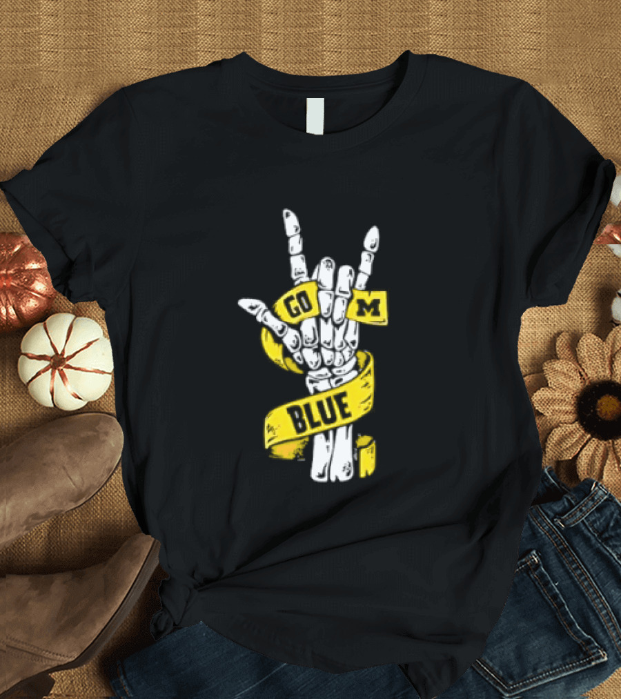 Michigan Wolverines Go Blue Skeleton Hand ILY Gesture T-Shirt