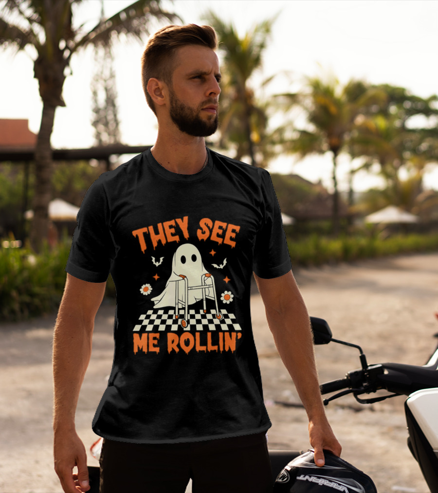 They See Me Rollin' Halloween Ghost Checkerboard Spooky Bats T-Shirt