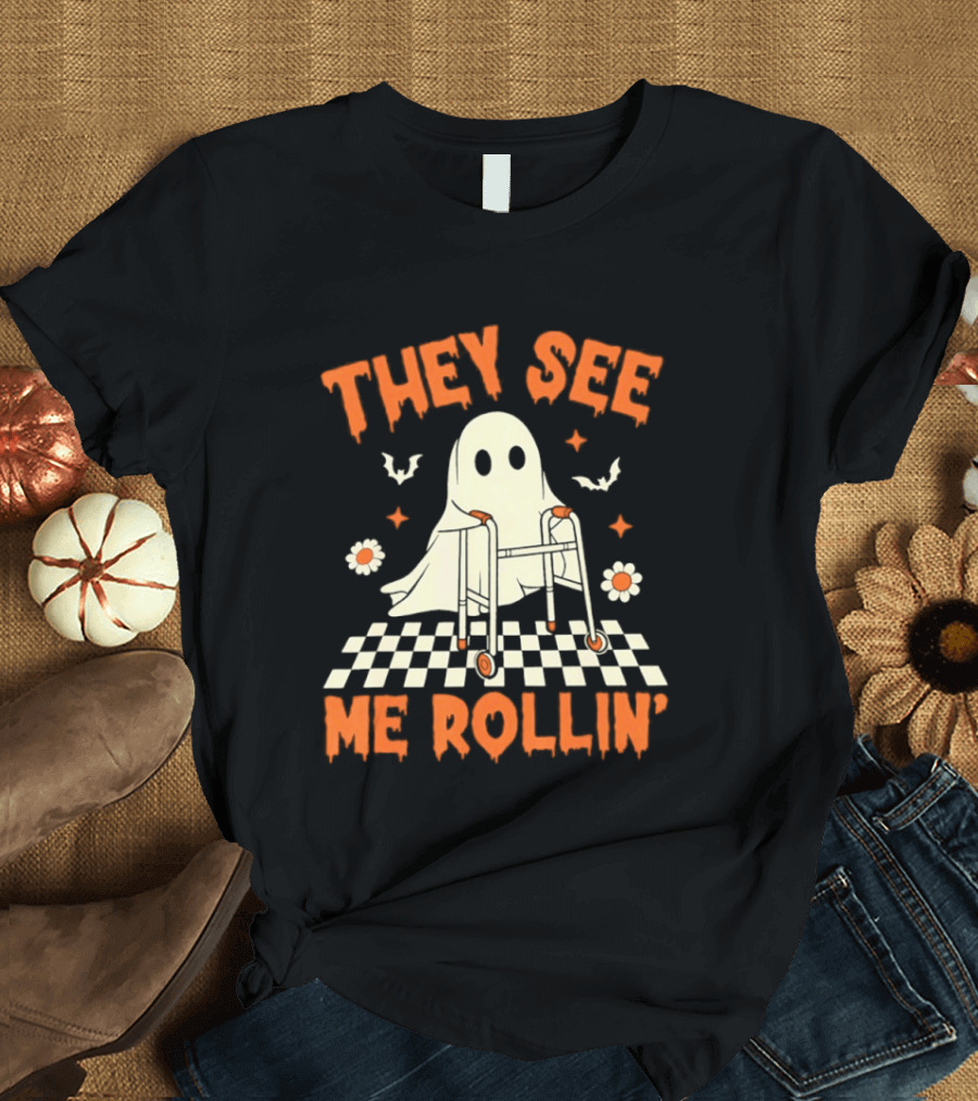 They See Me Rollin' Halloween Ghost Checkerboard Spooky Bats T-Shirt