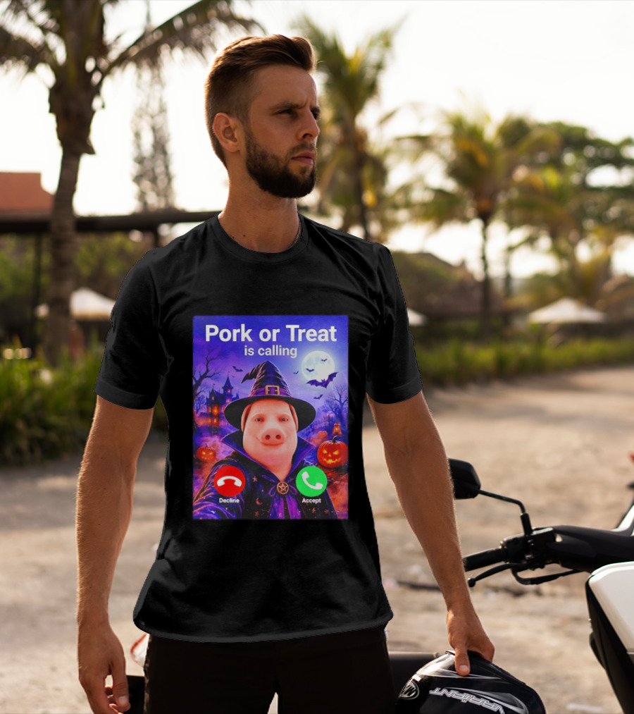 Pork Or Treat Is Calling Halloween Witch Pig Costume Moon Pumpkins T-Shirt