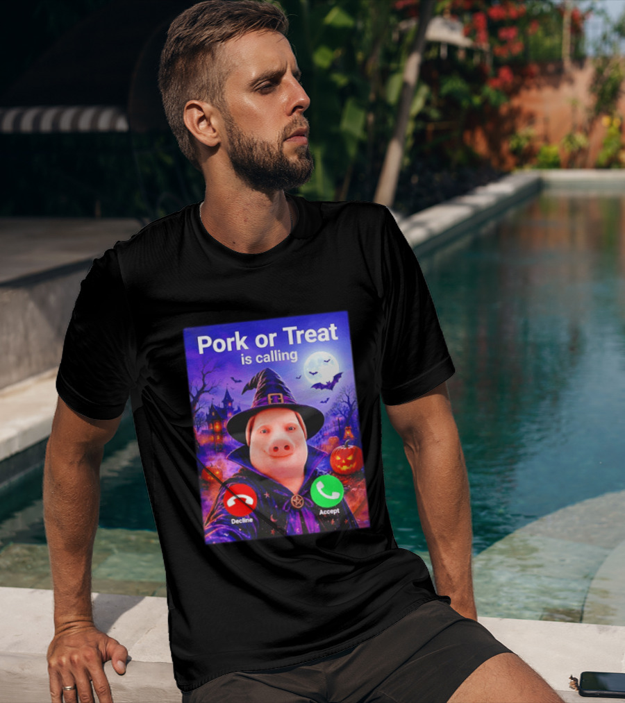 Pork Or Treat Is Calling Halloween Witch Pig Costume Moon Pumpkins T-Shirt