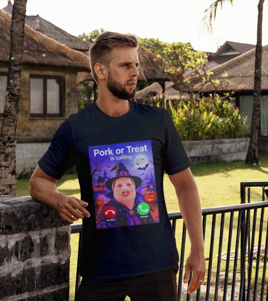 Pork Or Treat Is Calling Halloween Witch Pig Costume Moon Pumpkins T-Shirt