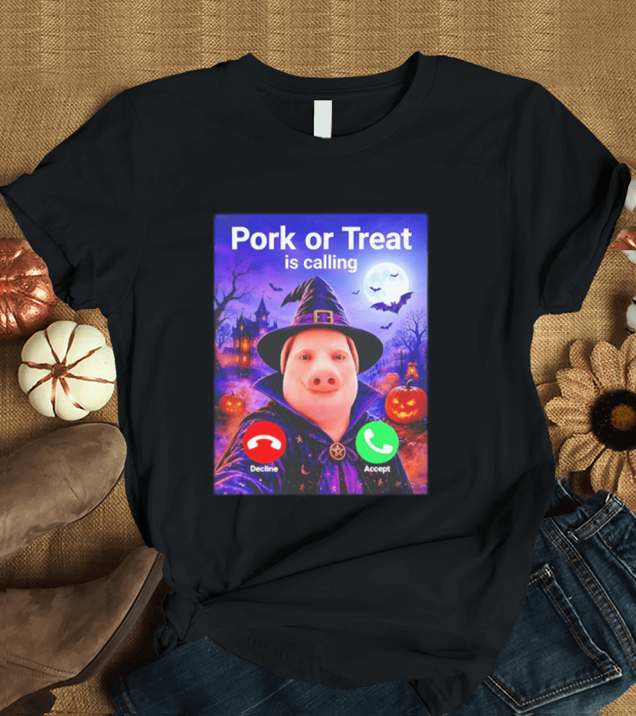 Pork Or Treat Is Calling Halloween Witch Pig Costume Moon Pumpkins T-Shirt