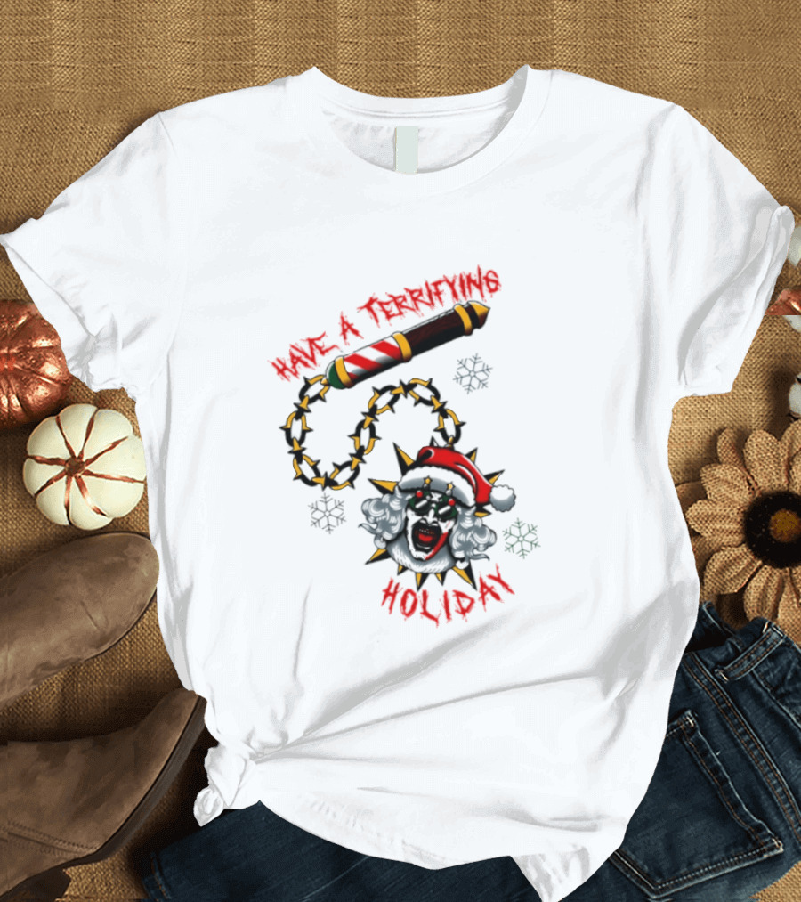 Terrifying Holiday Santa Clown With Spiked Barber Pole Chain T-Shirt