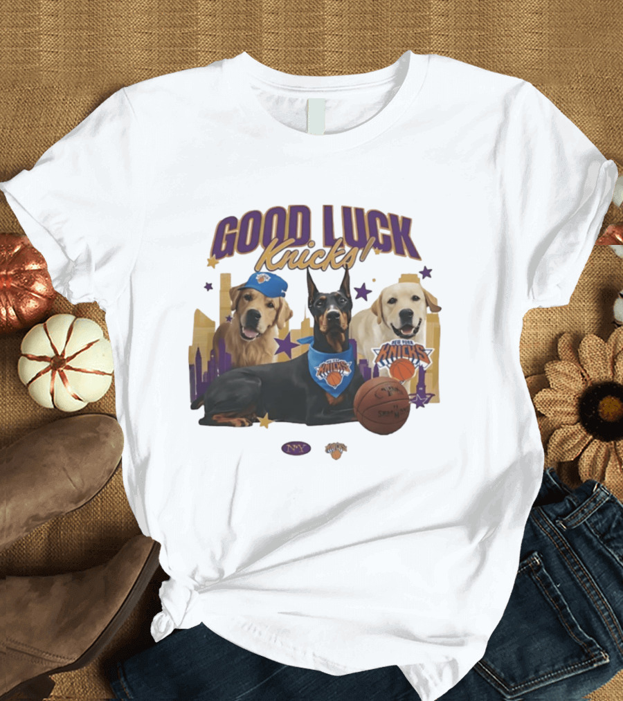 Good Luck Knicks NY Basketball Dogs With Skyline And Stars T-Shirt