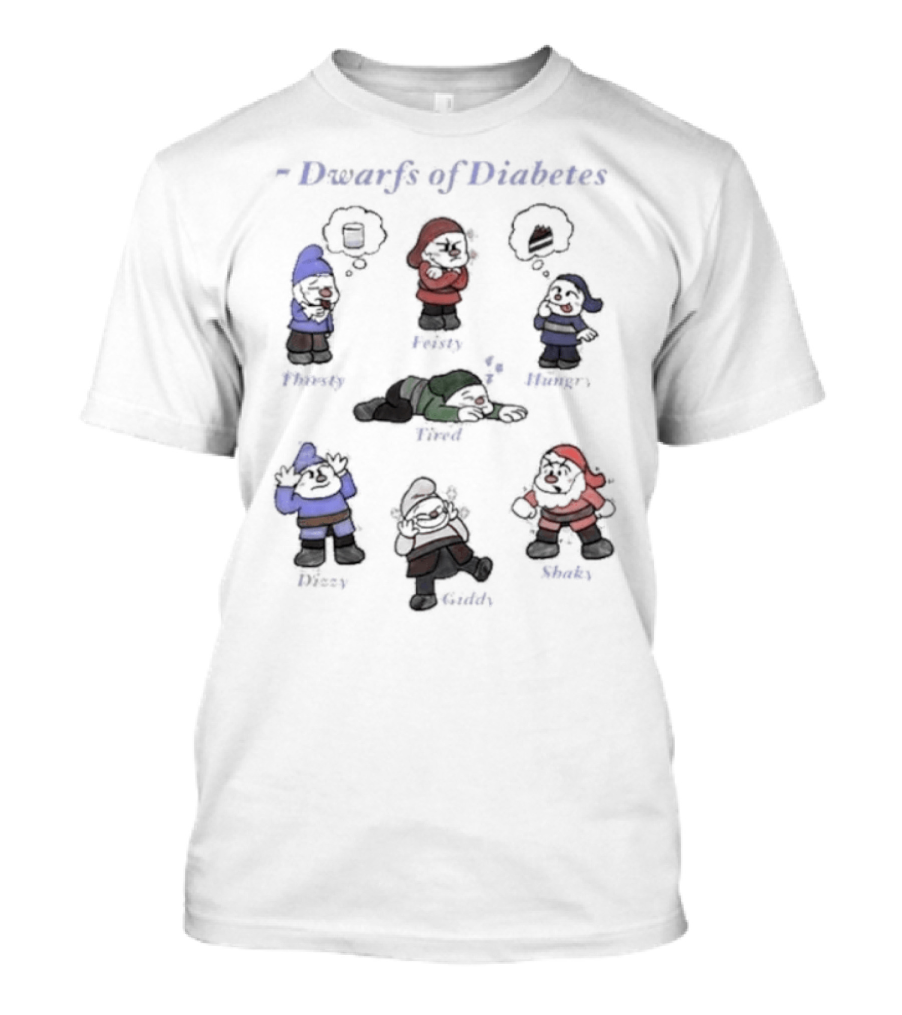 Joslin Diabetes Awareness 2026 Dwarfs Of Diabetes Parody Grumpy Sleepy Hungry Droppy Giddy Twitchy Snacky T-Shirt