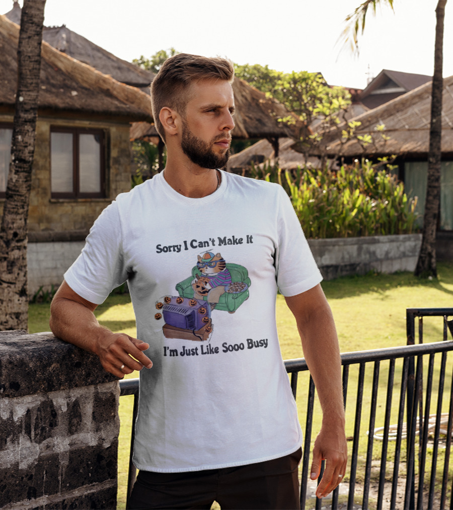Sorry I Can't Make It I'm Just Like Sooo Busy Cat Carving Pumpkin With TV And Snacks T-Shirt