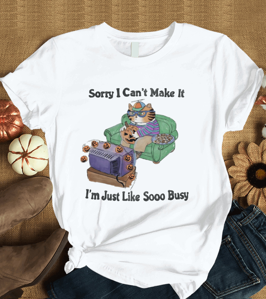Sorry I Can't Make It I'm Just Like Sooo Busy Cat Carving Pumpkin With TV And Snacks T-Shirt