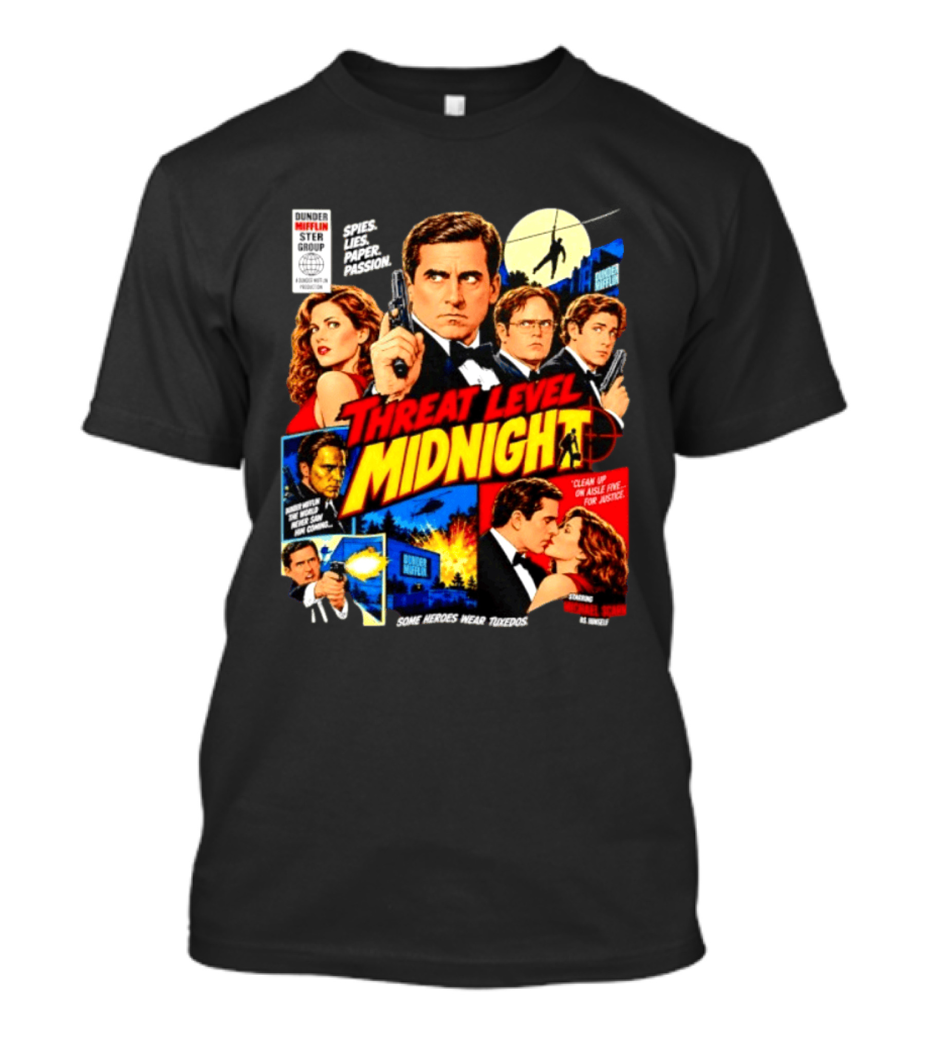 Threat Level Midnight Spies Lies Paper Passion Dunder Mifflin Group Heroes Tuxedos T-Shirt