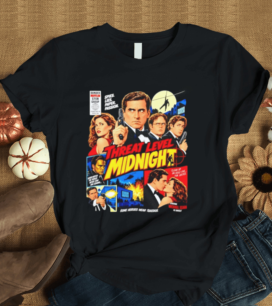 Threat Level Midnight Spies Lies Paper Passion Dunder Mifflin Group Heroes Tuxedos T-Shirt