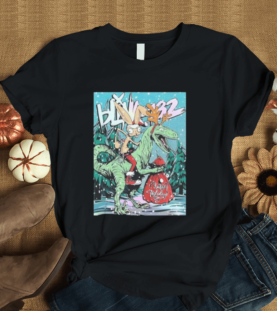 Blink 182 Merry Xmas Rabbit Riding Velociraptor Happy Holidays T-Shirt