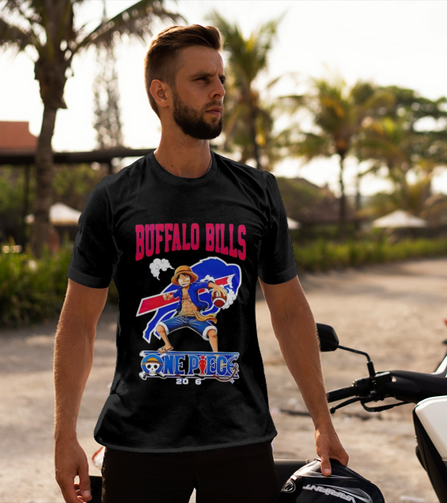 Buffalo Bills One Piece Crossover 2026 Featuring Luffy Football T-Shirt