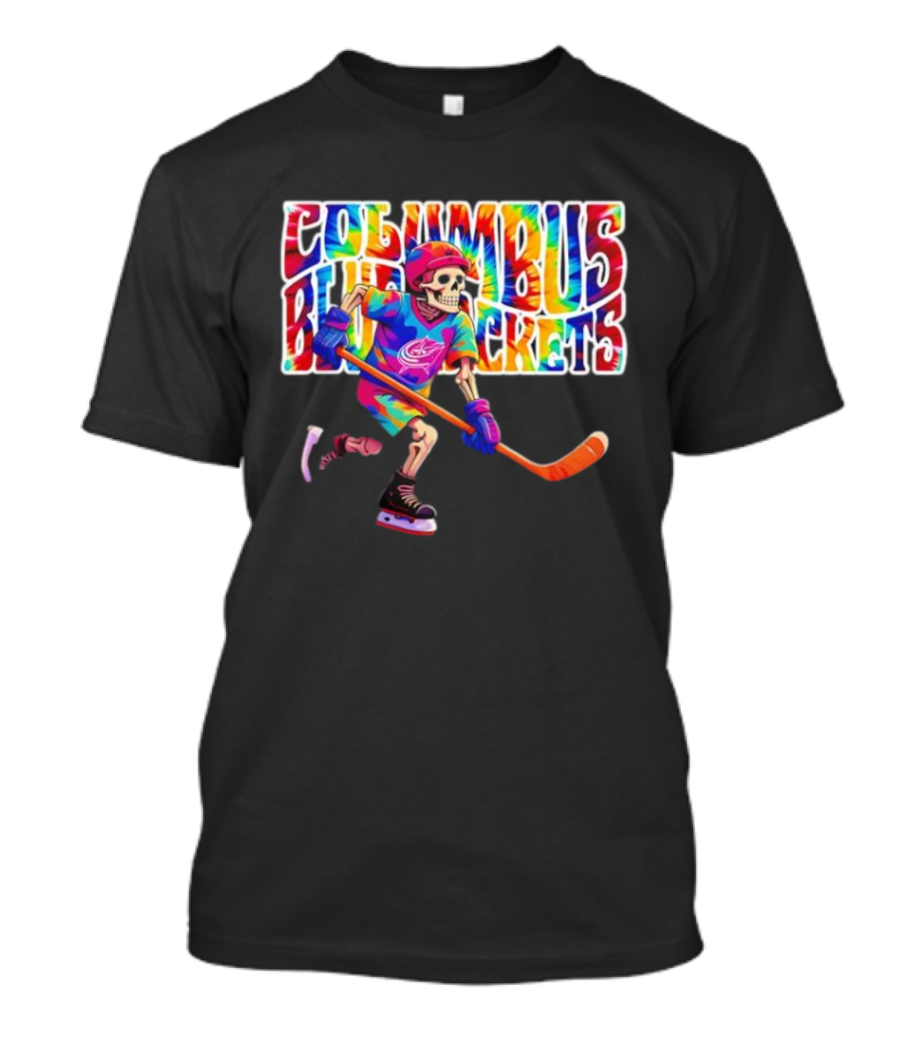 Columbus Blue Jackets Grateful Dead Tie-Dye Skeleton Hockey Player T-Shirt