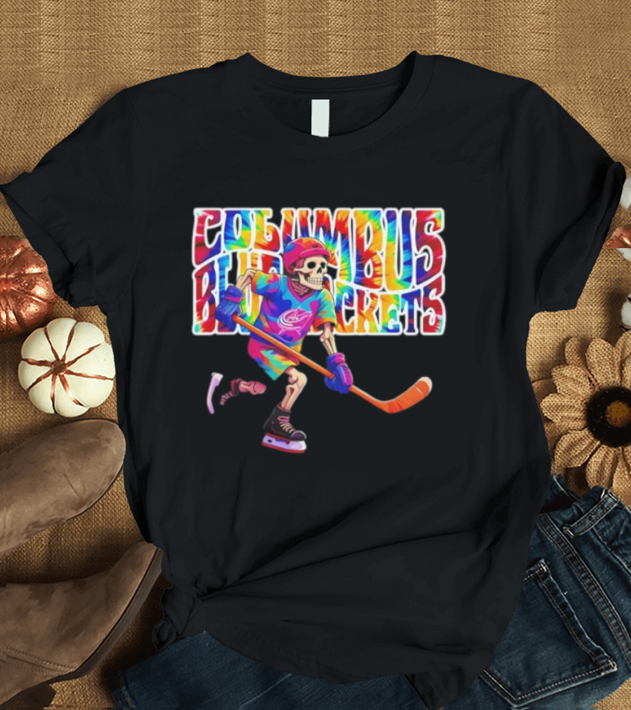 Columbus Blue Jackets Grateful Dead Tie-Dye Skeleton Hockey Player T-Shirt