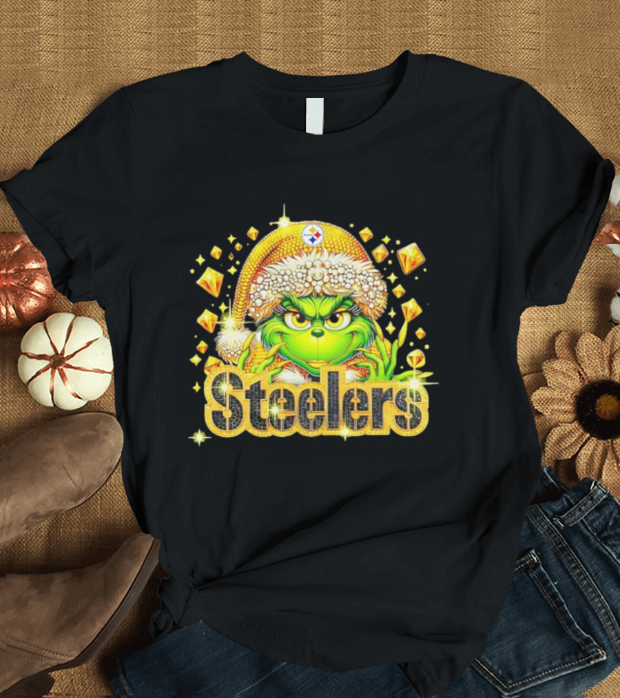 Pittsburgh Steelers Grinch Christmas Bling Santa Hat Holiday Merchandise T-Shirt