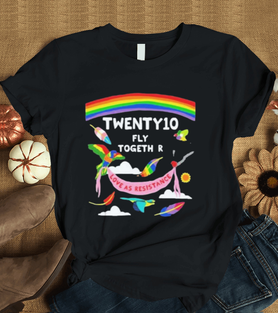 TWENTY10 Fly Together Love Is Resistance Rainbow Birds Clouds Sun T-Shirt