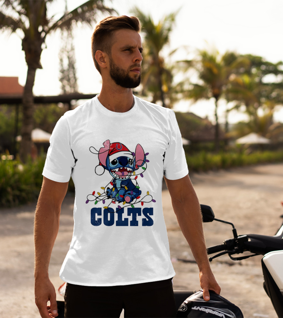 Indianapolis Colts Stitch Christmas Lights NFL Fan Art T-Shirt