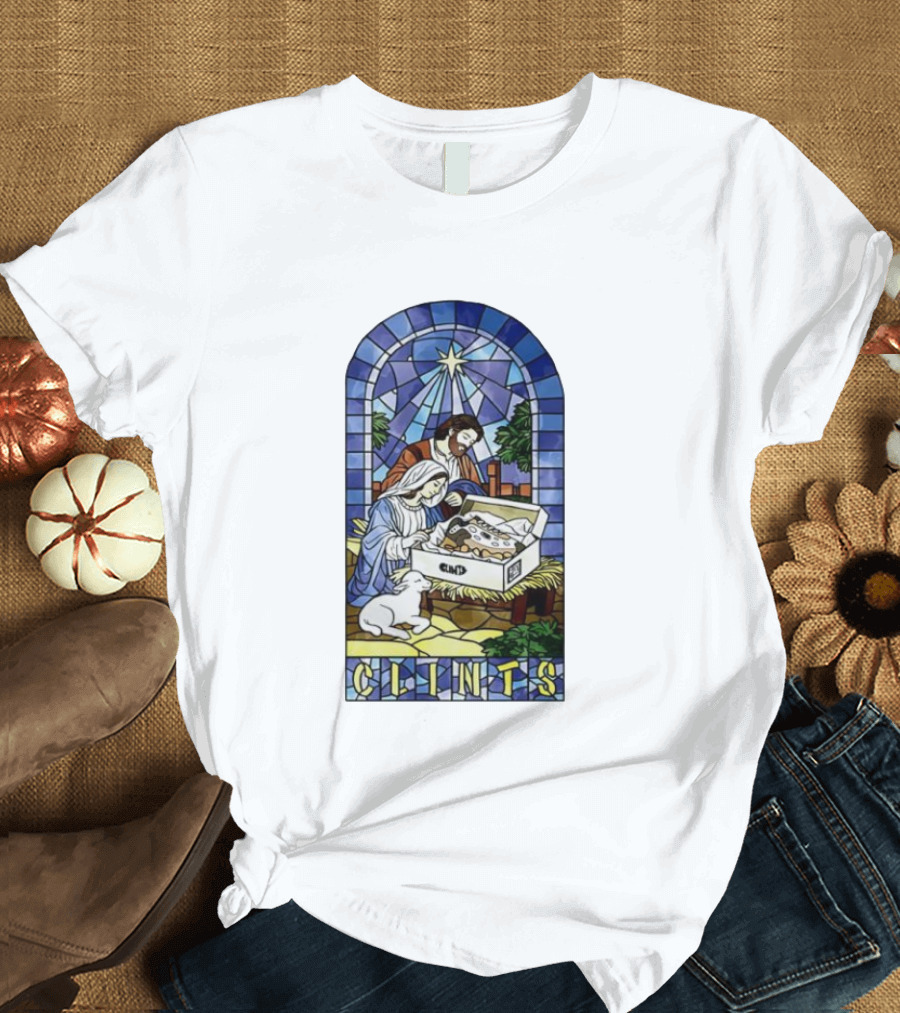 Nativity Stained Glass Clints Jesus Scene With Sneakers T-Shirt