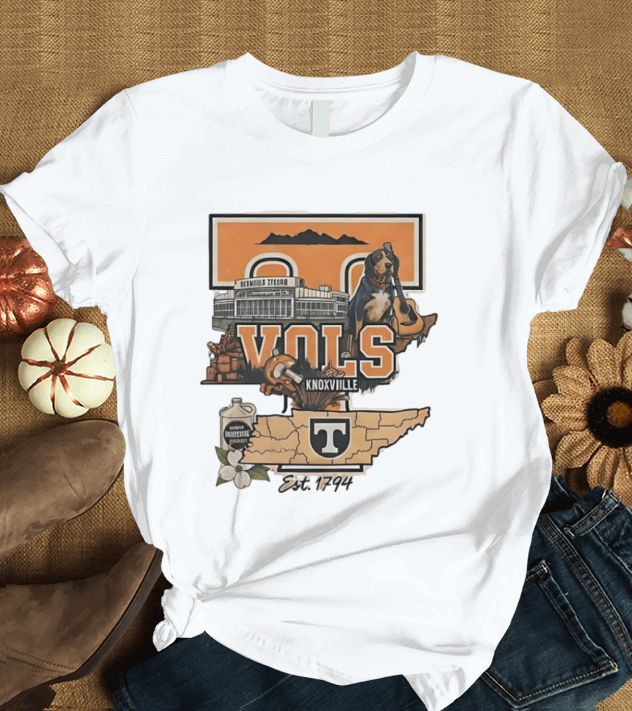 University Of Tennessee Volunteers Knoxville Vols Neyland Stadium Smokey Mascot Est 1794 Map Outline T-Shirt