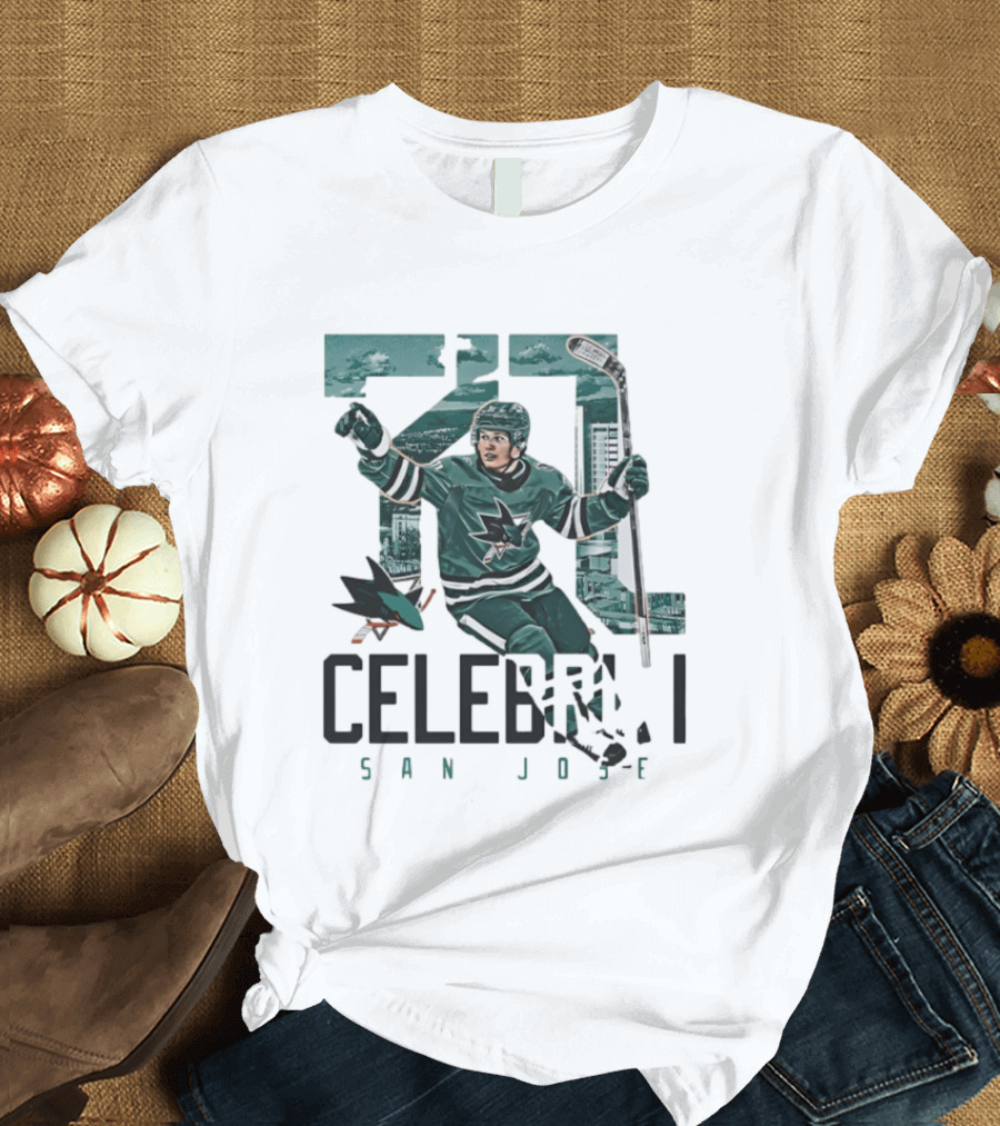 San Jose Sharks 71 Celebrini Landmark Skyline Hockey T-Shirt