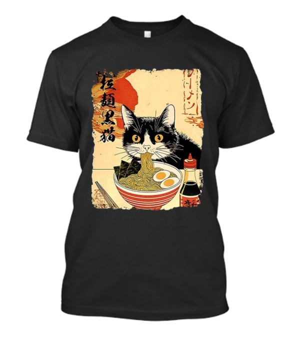Japanese Black Cat Ramen Ukiyo E Retro Style With Kanji T-Shirt