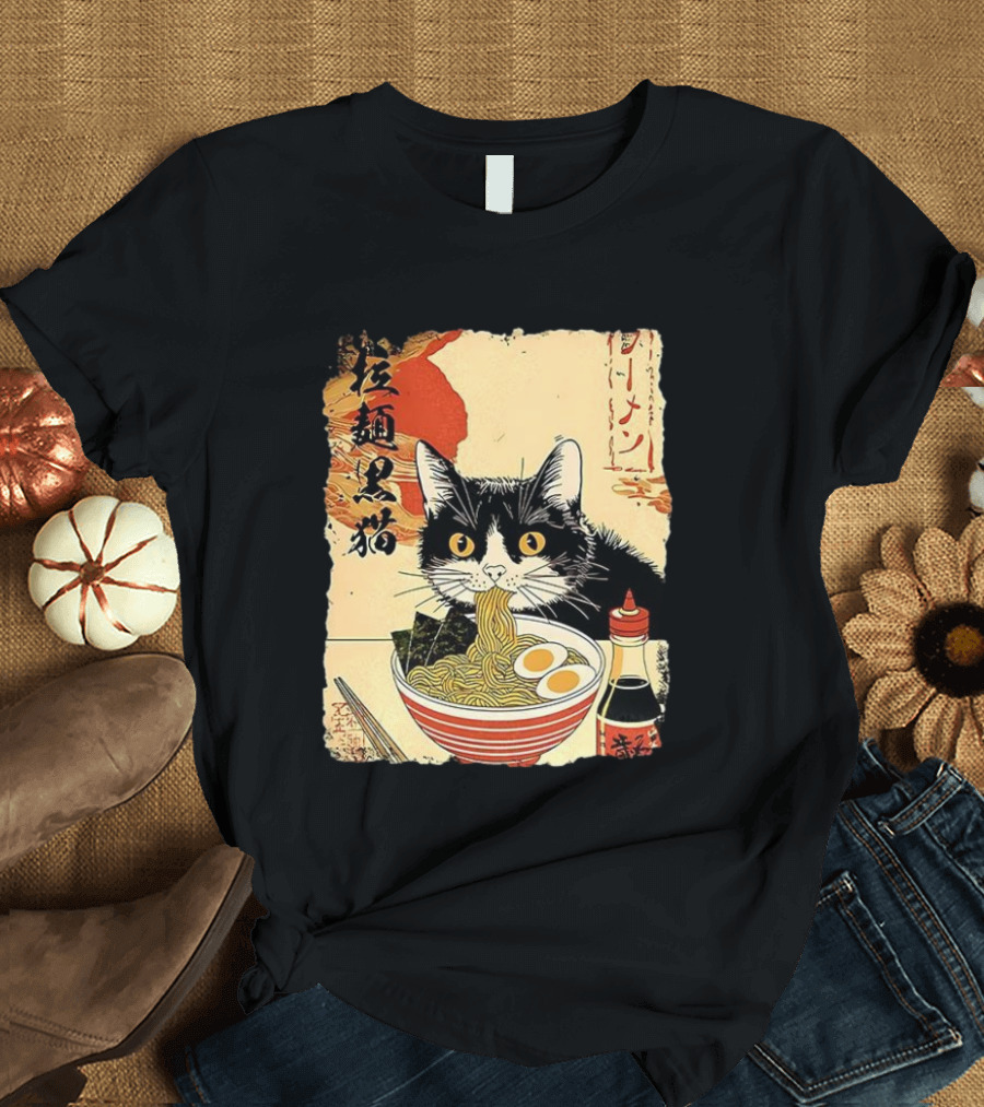 Japanese Black Cat Ramen Ukiyo E Retro Style With Kanji T-Shirt