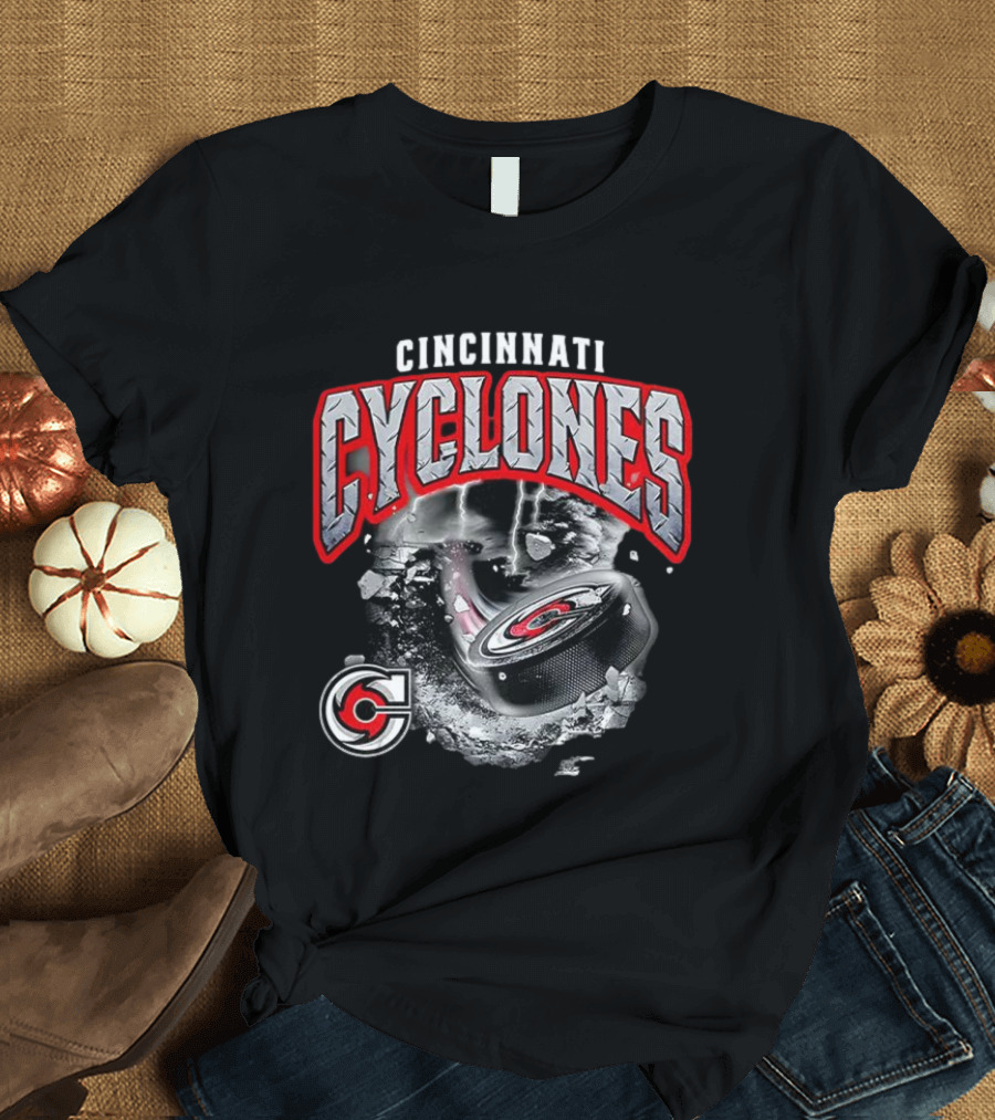 Cincinnati Cyclones Ice Hockey Storm Warning Puck Shattering Ice T-Shirt