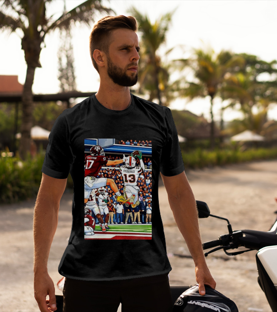 Miami Hurricanes Rakestraw 17 Vs Texas A&M Aggies Fitzgerald 13 NCAA CFP 2025 Match Football Action T-Shirt