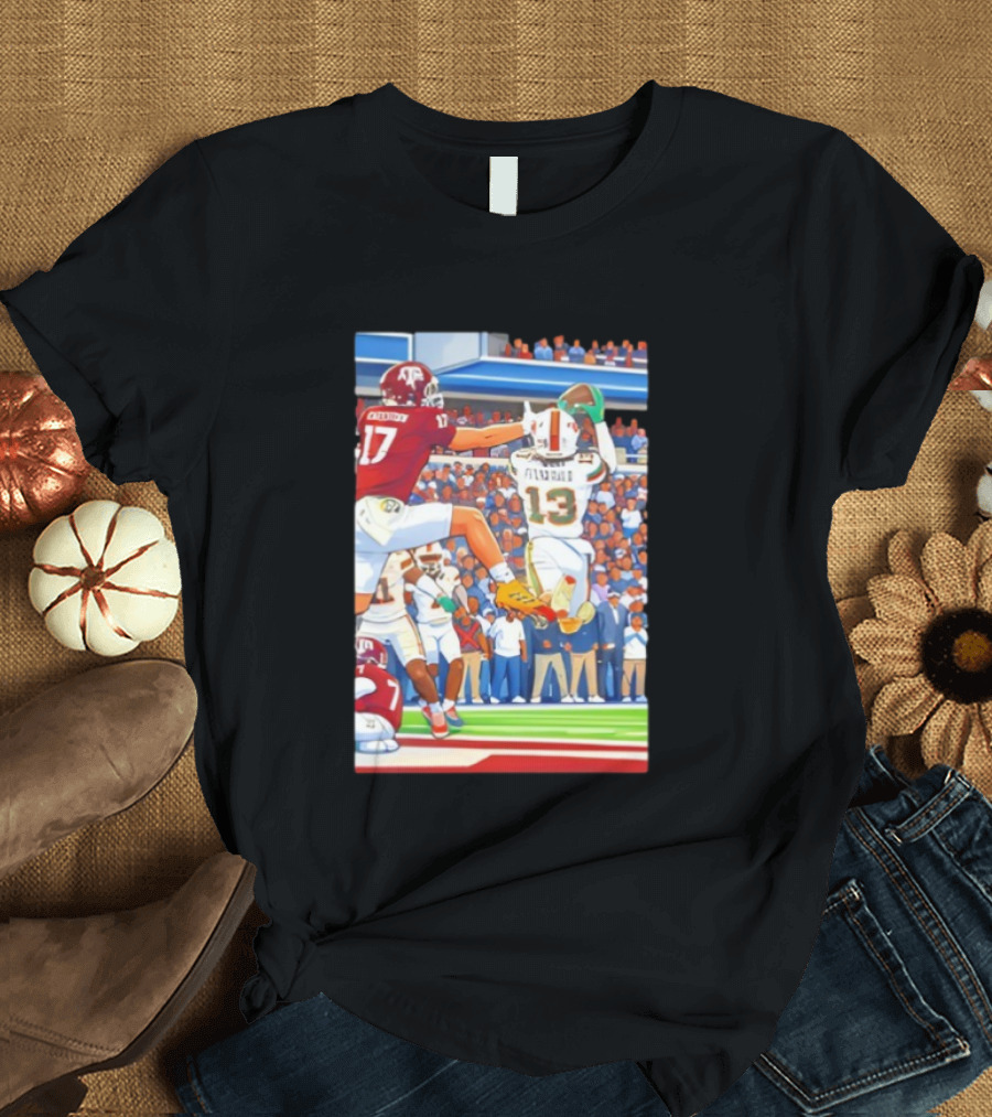 Miami Hurricanes Vs Texas A&M Football Game Fitzgerald 13 Rakestraw 17 Stadium Scene T-Shirt