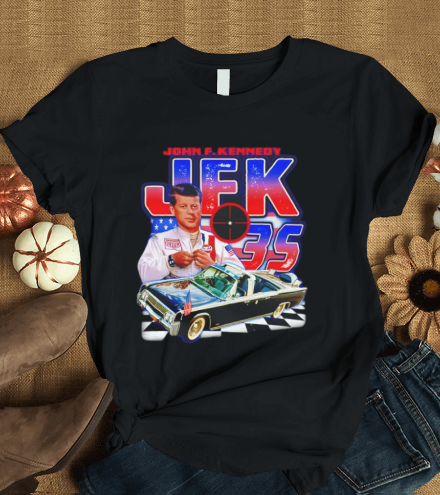 John F. Kennedy JFK 35 Racer Car USA Flag T-Shirt