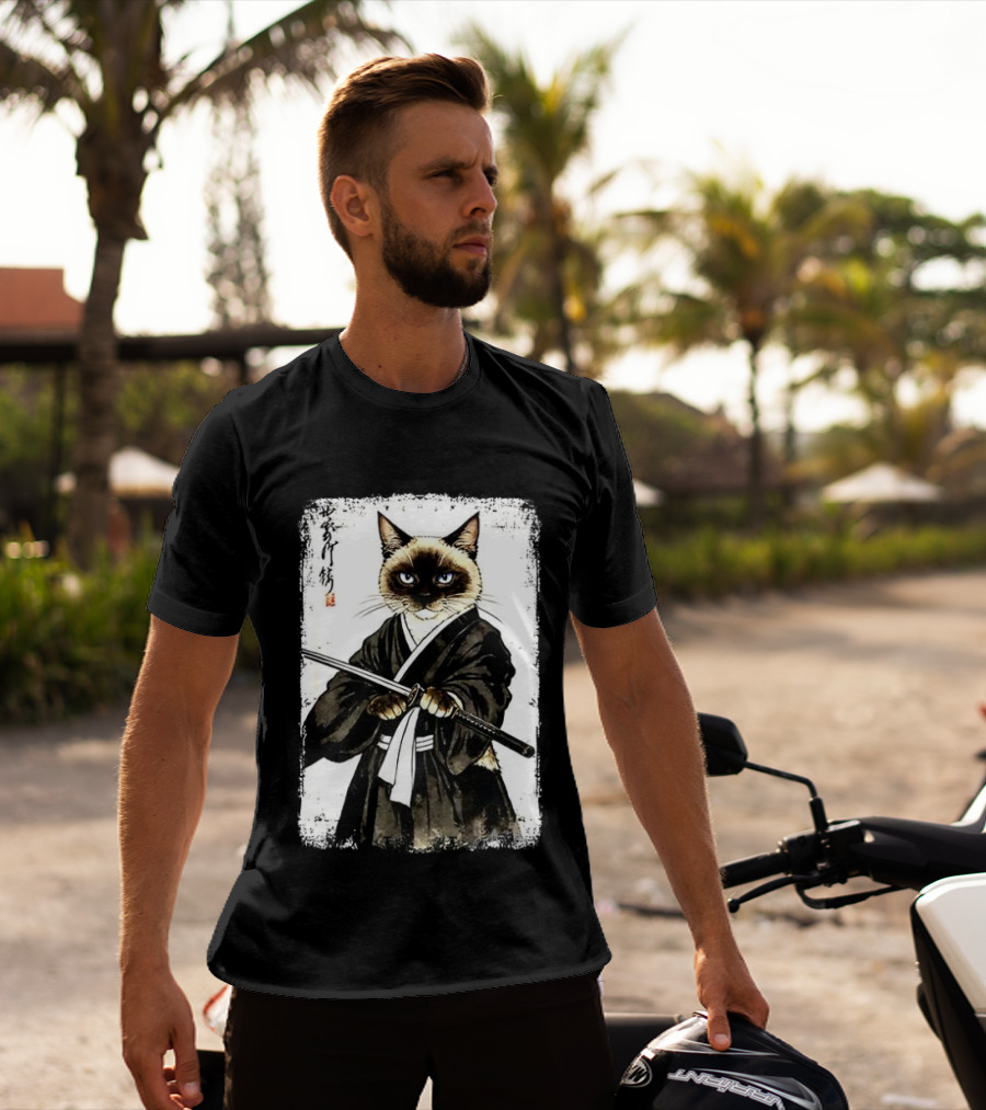 Siamese Cat Samurai Warrior Japanese Vantage Painting Kanji T-Shirt