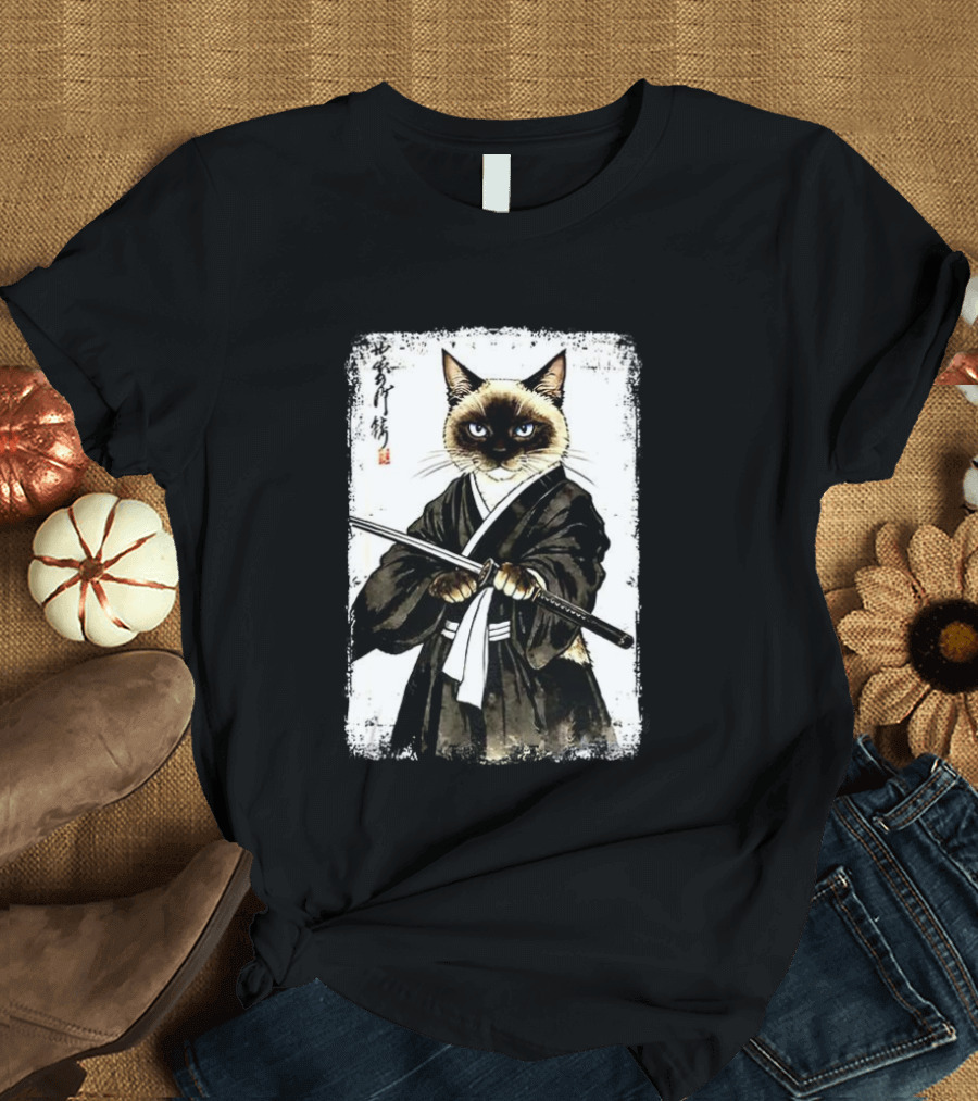Siamese Cat Samurai Warrior Japanese Vantage Painting Kanji T-Shirt