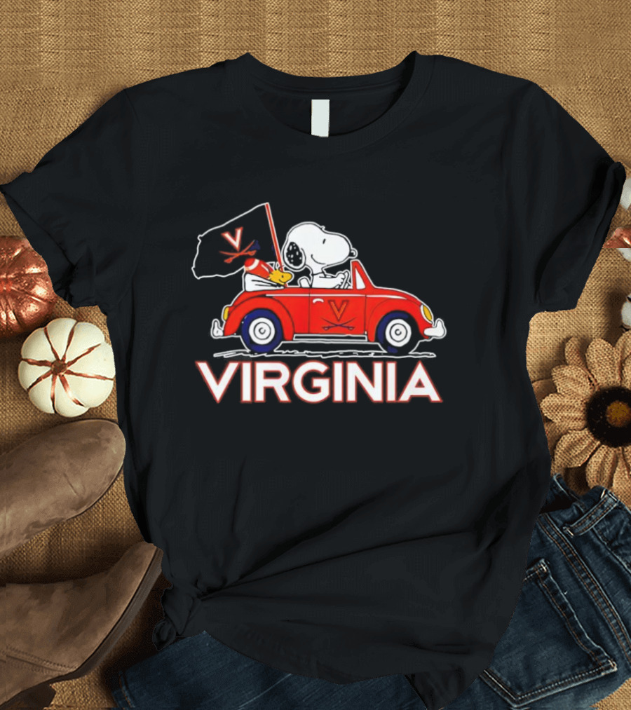 Virginia Tech Snoopy Woodstock Driving Red Car With Flag T-Shirt