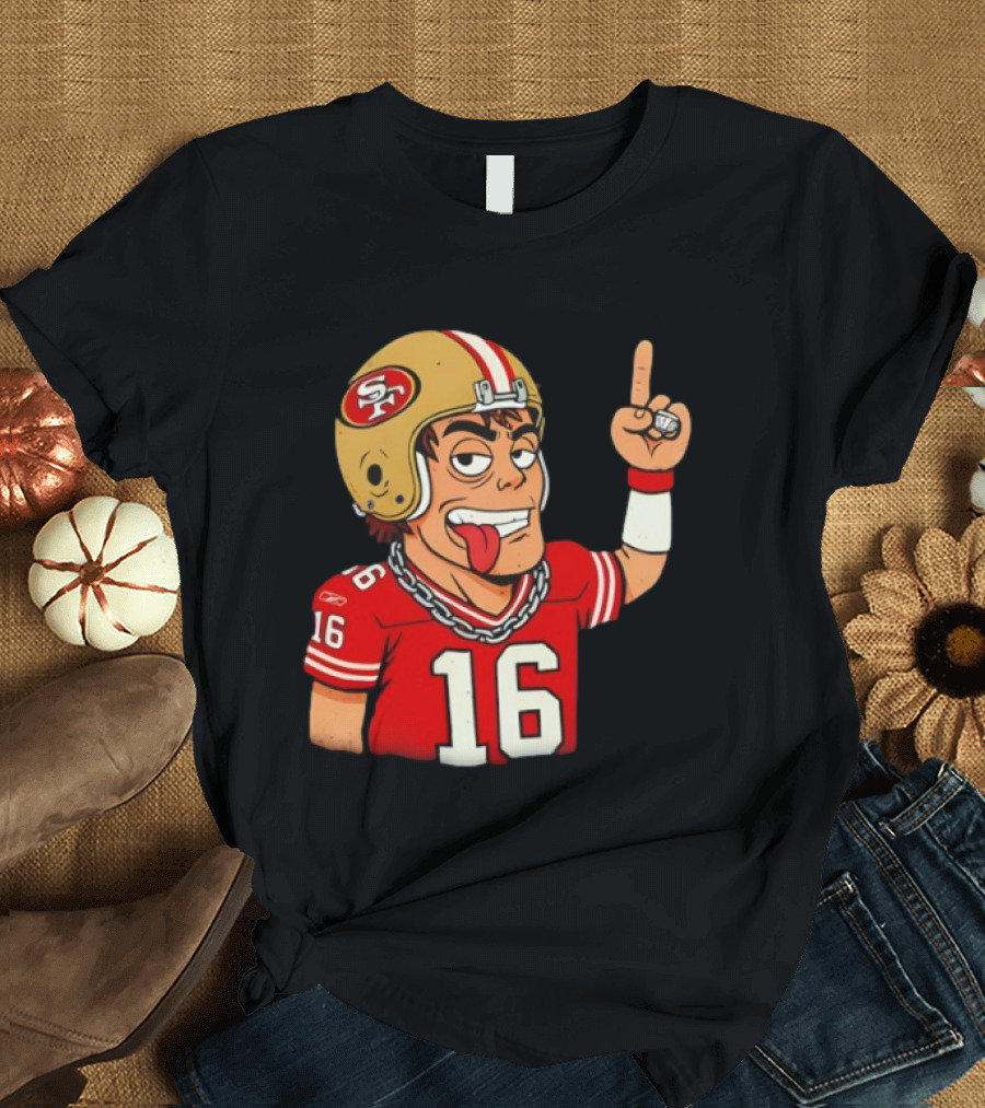 Legendary Quarterback Joe Montana #16 San Francisco 49ers Cartoon Helmet Tongue Out T-Shirt